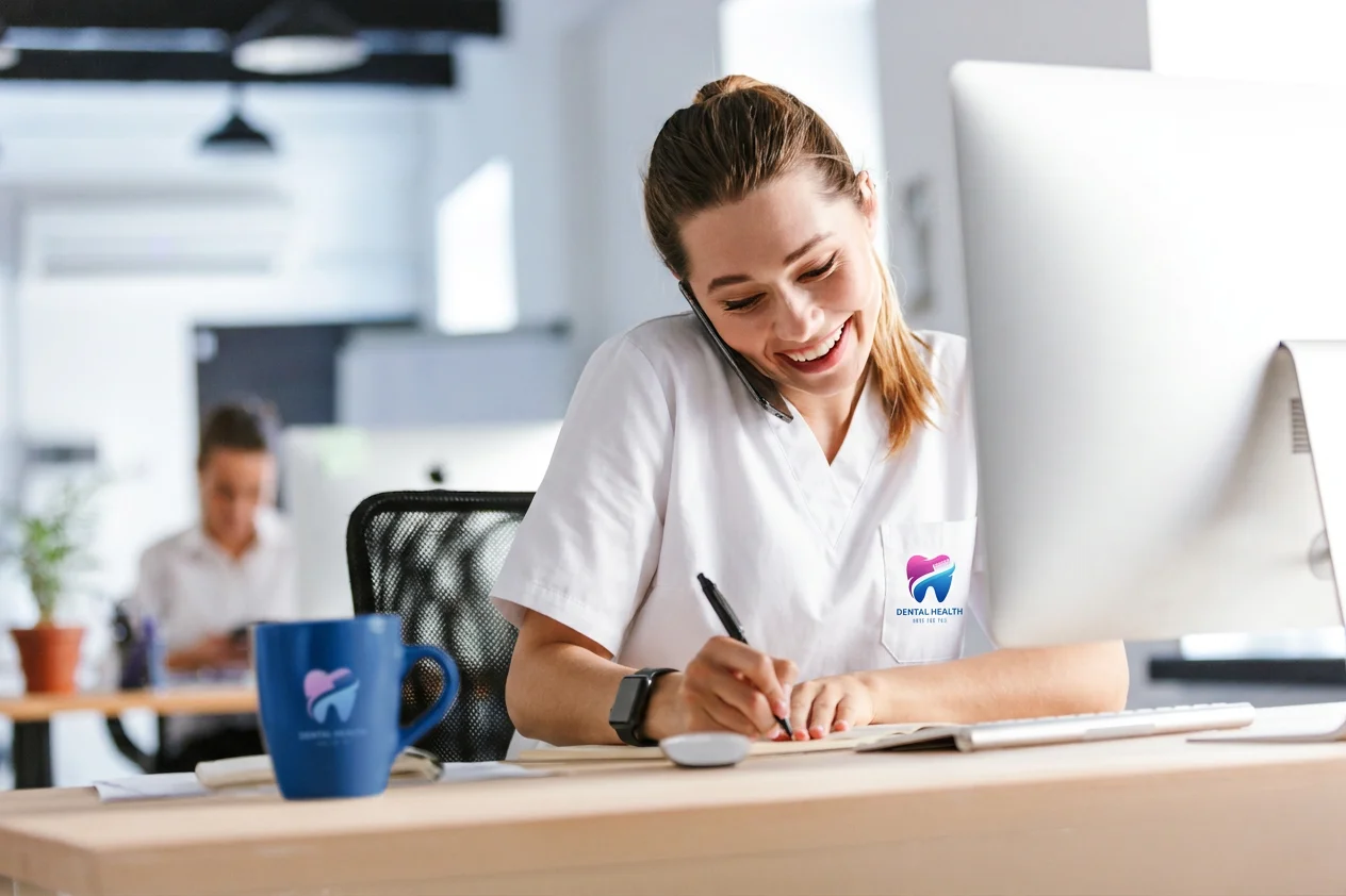 Dental professional using branded office merchandise